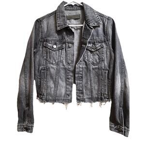 GRLFRND Women's Cara Dark Grey Denim Cropped Jean Jacket Distressed Fray-Size XS